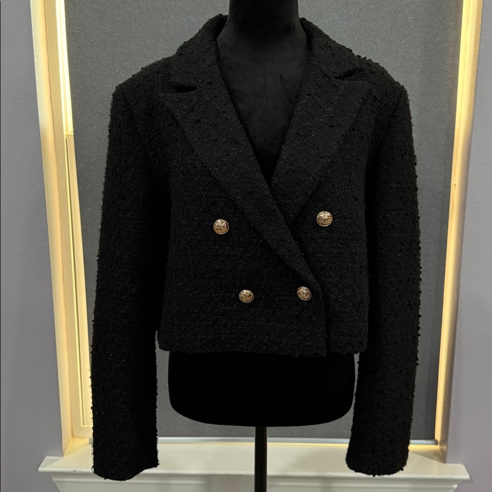 CHARLIE PAGE TEXTURED TWEED CROPPED BLAZER WITH GOLD BUTTONS SIZE XL